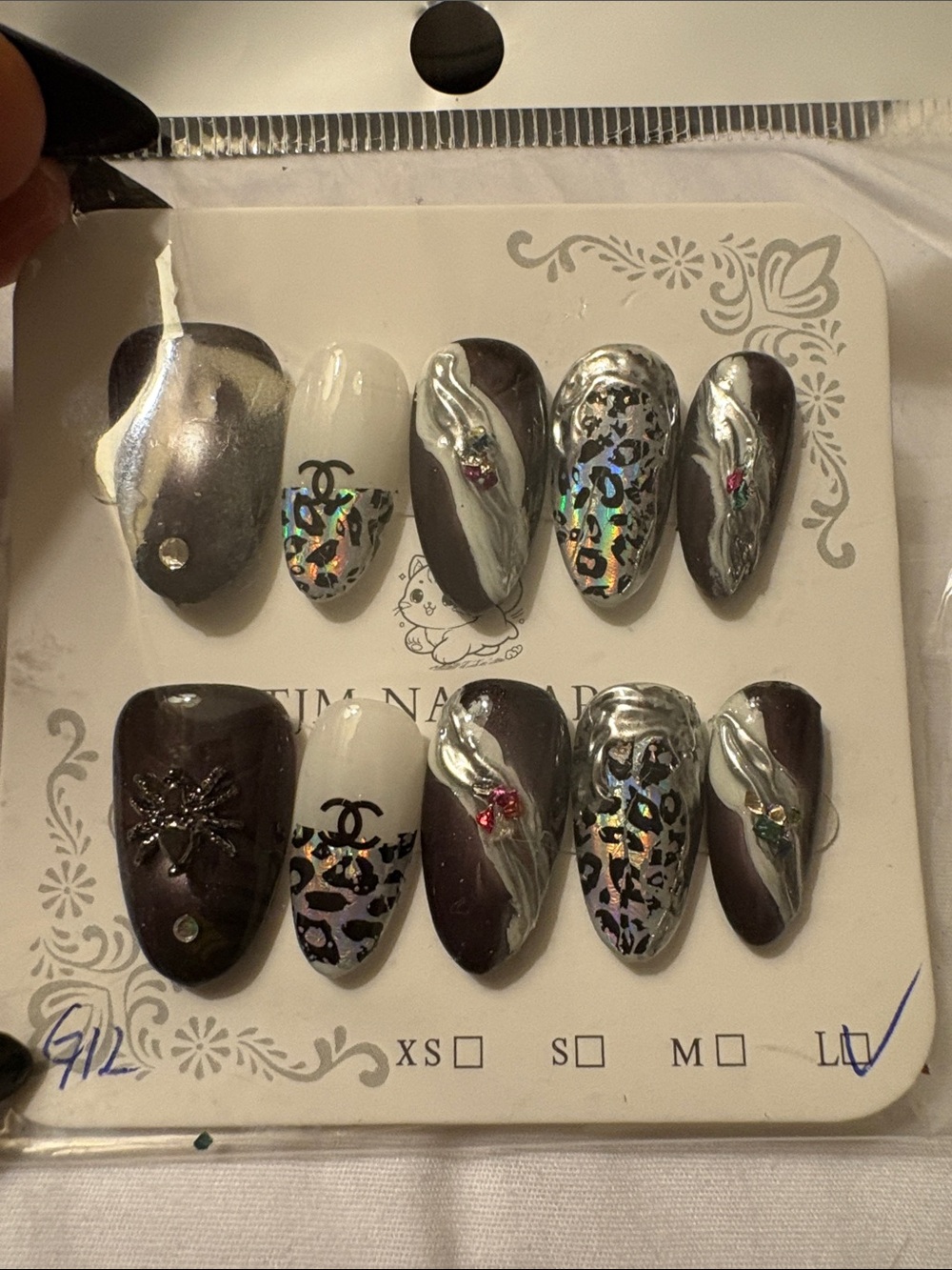 Premium Custom Made Chic Brown & Silver with Leopard Accent Chanel Nail Set szL